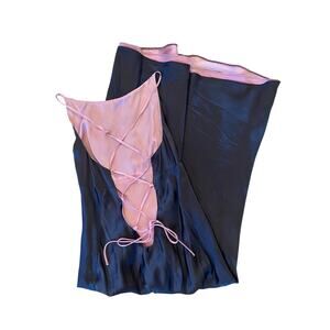 Vintage Y2K Black Pink Satin Lace Up Back Maxi Slip Dress Open Back